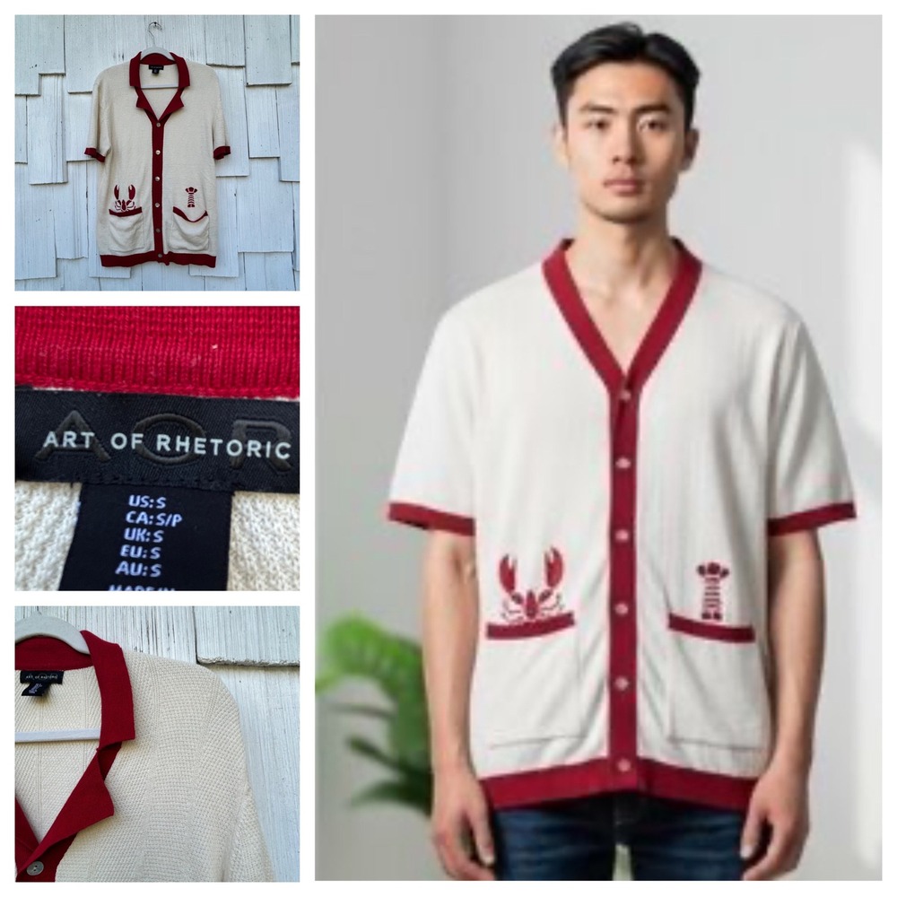 Art of Rhetoric Mens Cream Red Lobster Cardigan Sweater Short Sleeve Size S‎